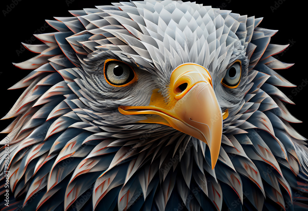 Poster A complex, multi-layered pattern of interlocking shapes that resembles a Eagle face.  Generative AI technology.

