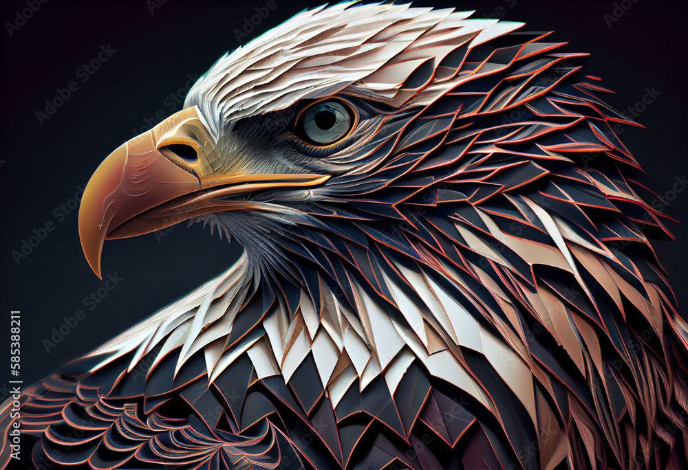 Poster A complex, multi-layered pattern of interlocking shapes that resembles a Eagle face.  Generative AI technology.
