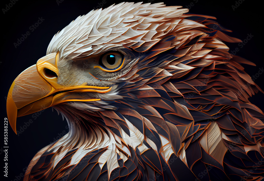 Poster A complex, multi-layered pattern of interlocking shapes that resembles a Eagle face.  Generative AI technology.
