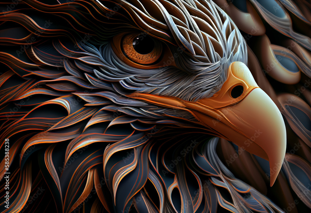 Poster A complex, multi-layered pattern of interlocking shapes that resembles a Eagle face.  Generative AI technology.
