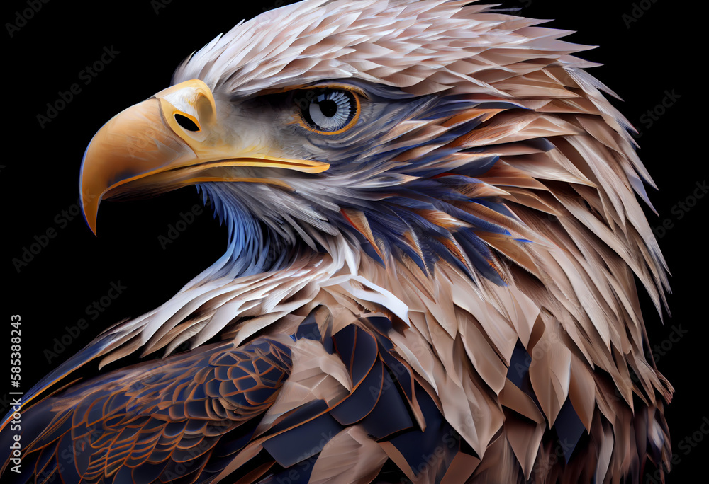 Aufkleber A complex, multi-layered pattern of interlocking shapes that resembles a Eagle face.  Generative AI technology.
