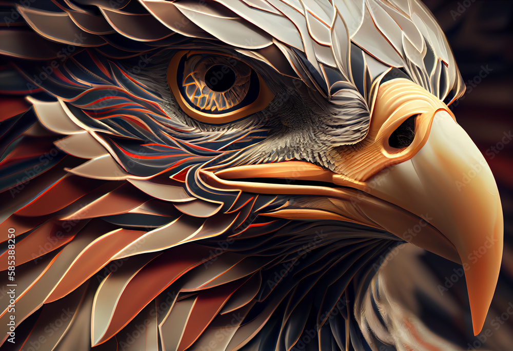 Poster A complex, multi-layered pattern of interlocking shapes that resembles a Eagle face.  Generative AI technology.
