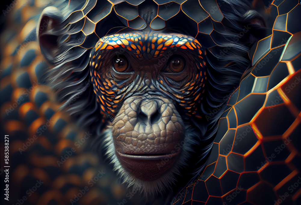 Leinwandbilder A complex, multi-layered pattern of interlocking shapes that resembles a Monkey face.  Generative AI technology.
