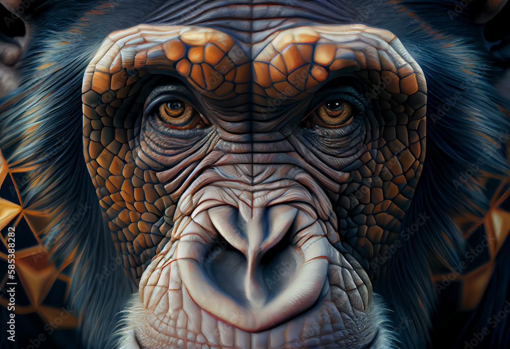 Leinwandbilder A complex, multi-layered pattern of interlocking shapes that resembles a Monkey face.  Generative AI technology.
