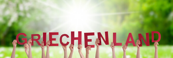 People Hands Building Word Griechenland Means Greece, Grass Meadow