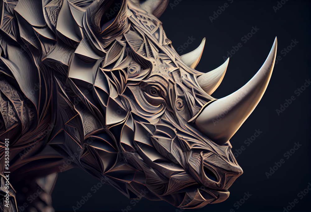 Poster A complex, multi-layered pattern of interlocking shapes that resembles a Rhinocerose's face.  Generative AI technology.
