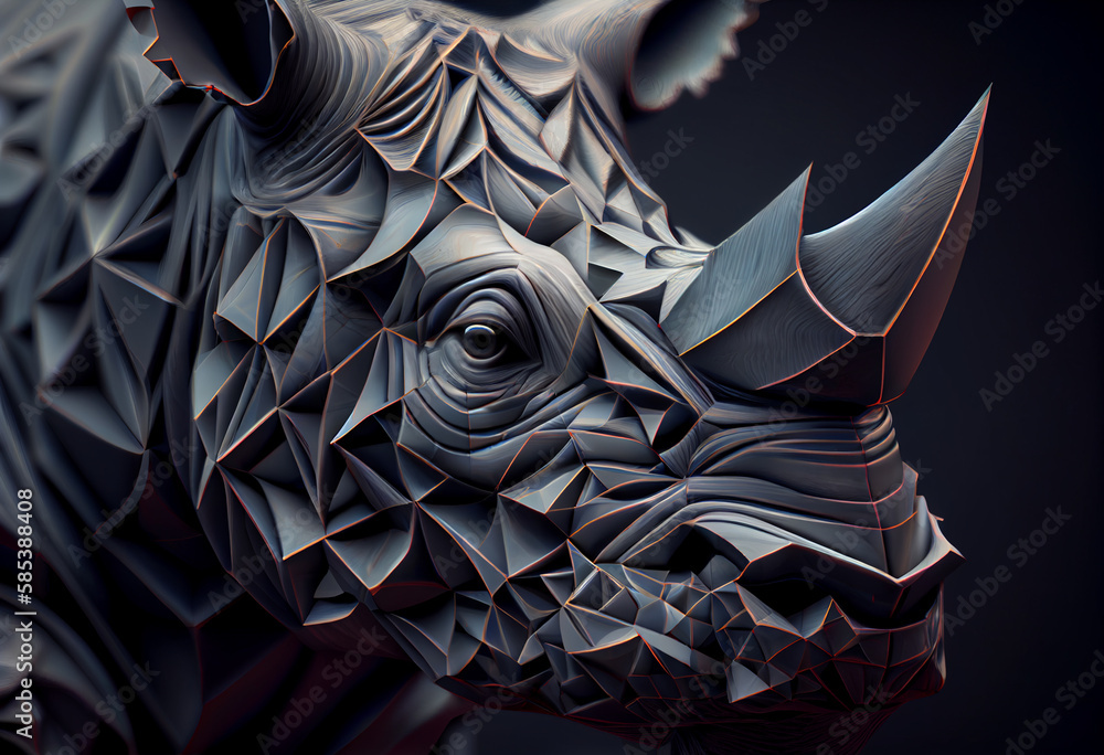 Aufkleber A complex, multi-layered pattern of interlocking shapes that resembles a Rhinocerose's face.  Generative AI technology.
