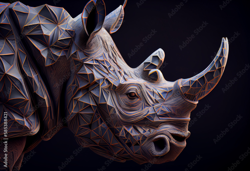 Poster A complex, multi-layered pattern of interlocking shapes that resembles a Rhinocerose's face.  Generative AI technology.
