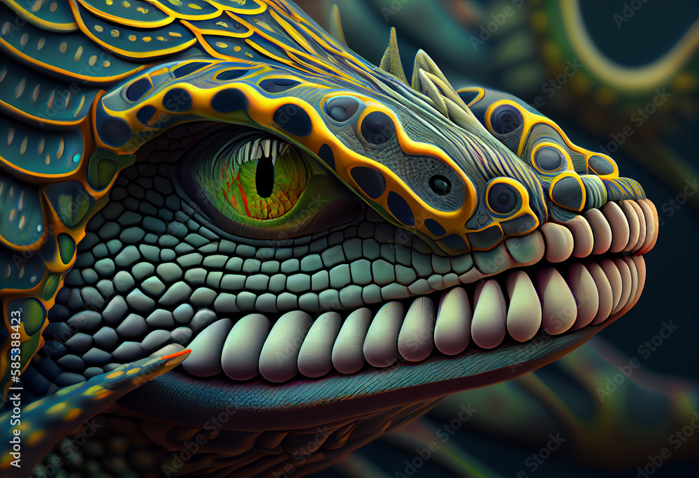 Poster A complex, multi-layered pattern of interlocking shapes that resembles a Crocodile face.  Generative AI technology.
