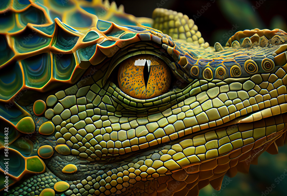 Poster A complex, multi-layered pattern of interlocking shapes that resembles a Crocodile face.  Generative AI technology.
