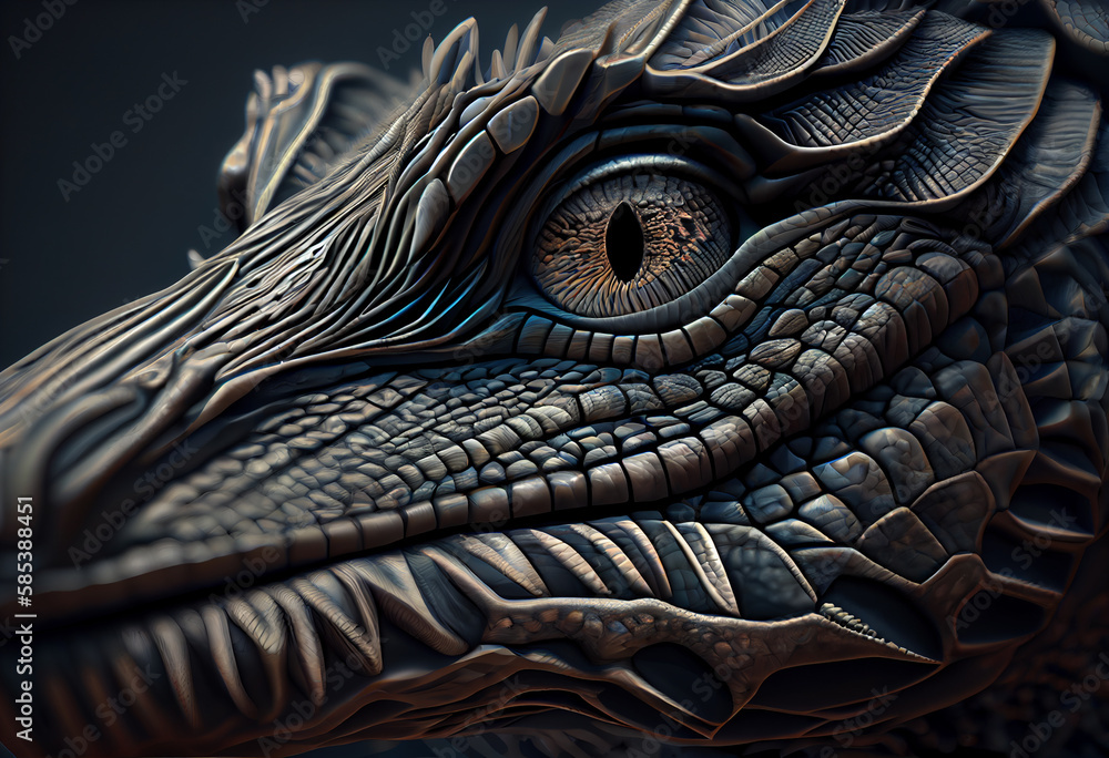 Poster A complex, multi-layered pattern of interlocking shapes that resembles a Crocodile face.  Generative AI technology.
