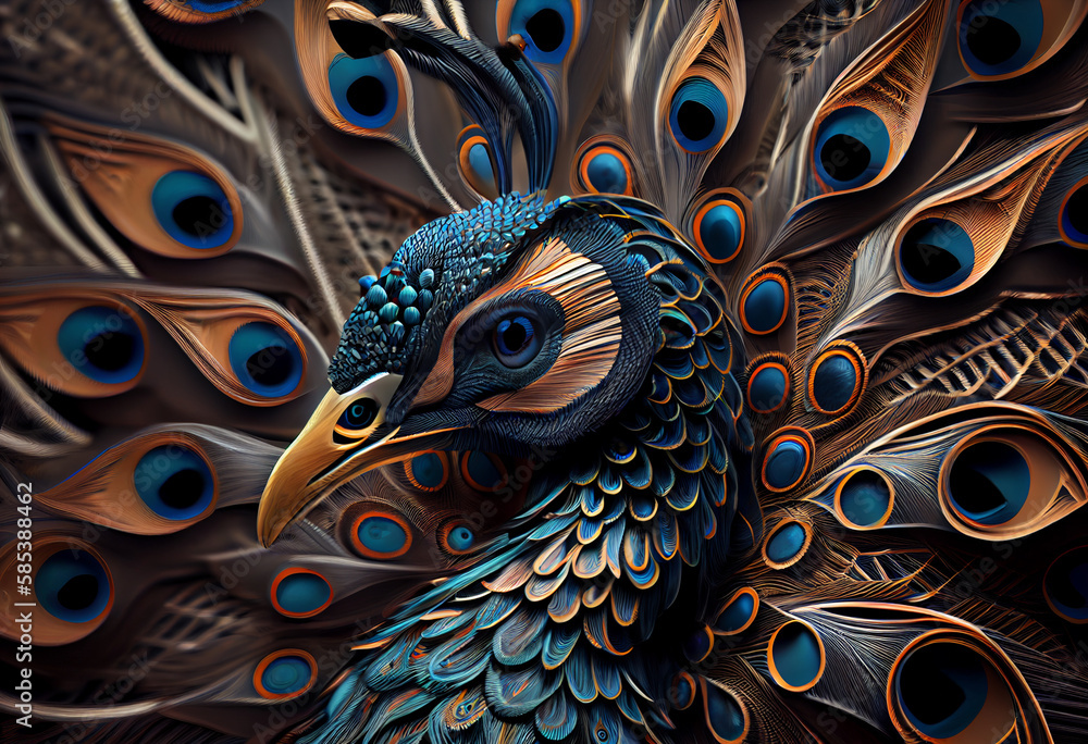 Poster A complex, multi-layered pattern of interlocking shapes that resembles a Peacock  face.  Generative AI technology.

