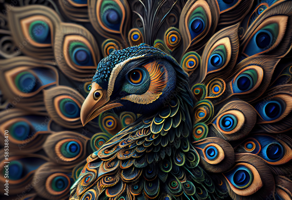 Aufkleber A complex, multi-layered pattern of interlocking shapes that resembles a Peacock  face.  Generative AI technology.

