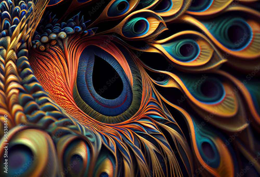 Poster A complex, multi-layered pattern of interlocking shapes that resembles a Peacock  face.  Generative AI technology.
