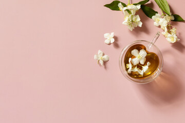 Cup of jasmine tea with jasmine flowers on a pink pastel background. Organic natural drinks concept. View from above.