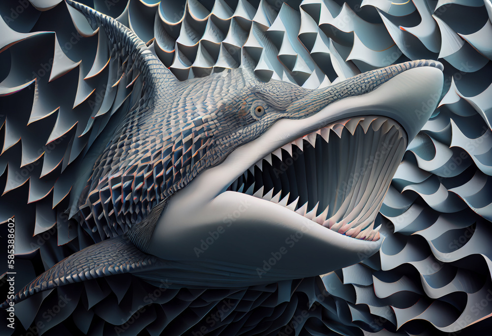 Poster a complex, multi-layered pattern of interlocking shapes that resembles a shark face. generative ai t