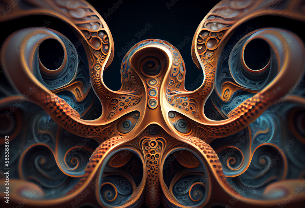 Poster a complex, multi-layered pattern of interlocking shapes that resembles a octopuss. generative ai tec