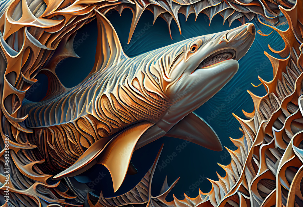 Poster a complex, multi-layered pattern of interlocking shapes that resembles a shark face. generative ai t