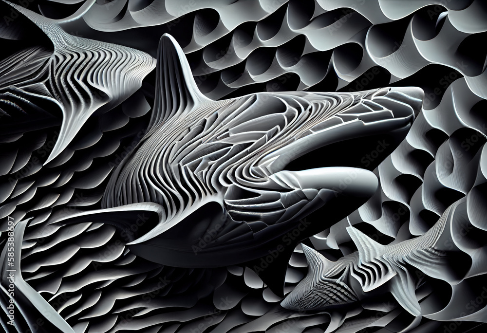 Poster a complex, multi-layered pattern of interlocking shapes that resembles a shark face. generative ai t