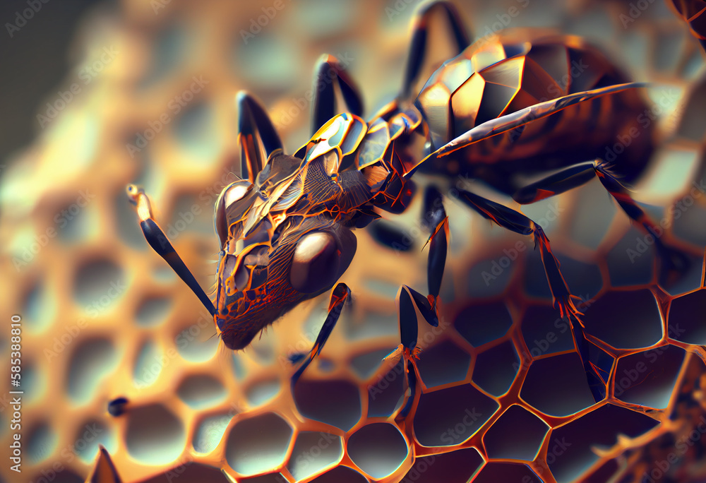Poster A complex, multi-layered pattern of interlocking shapes that resembles a ant.  Generative AI technology.
