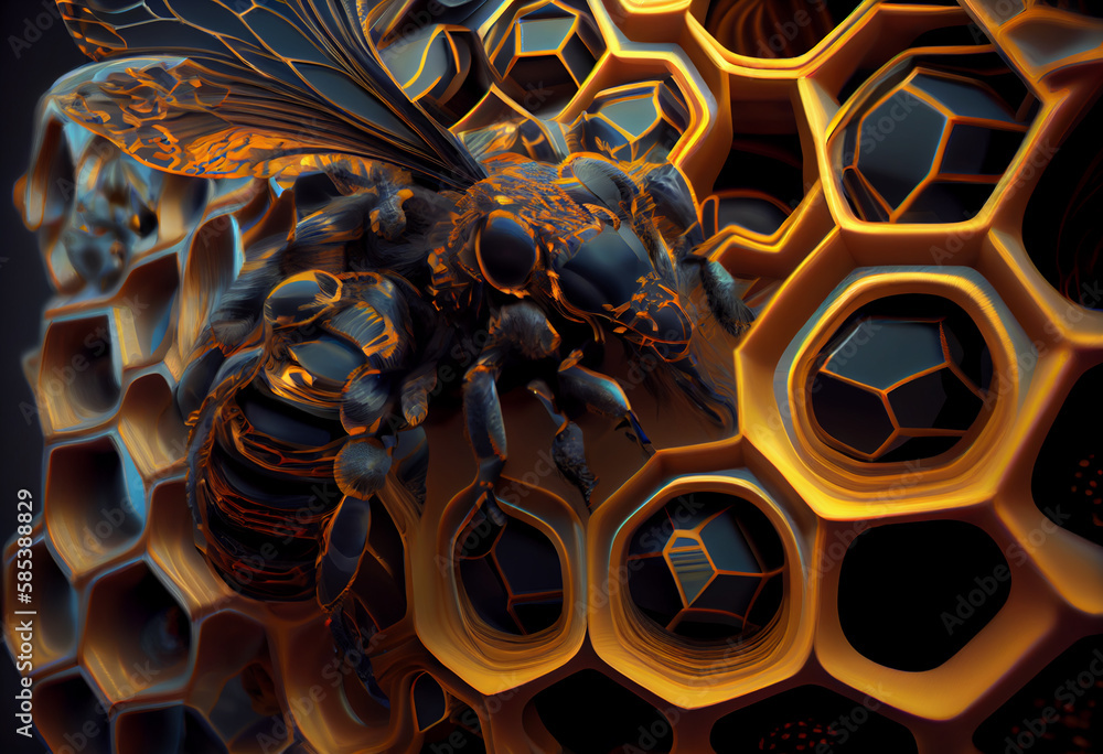 Aufkleber A complex, multi-layered pattern of interlocking shapes that resembles a Bee.  Generative AI technology.
