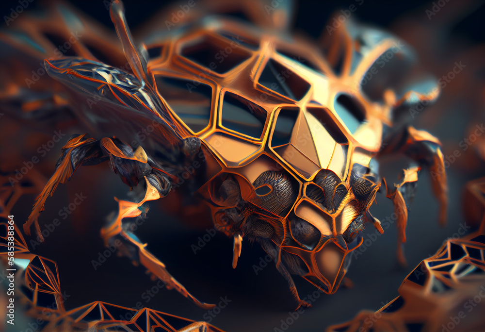 Poster A complex, multi-layered pattern of interlocking shapes that resembles a Spider.  Generative AI technology.
