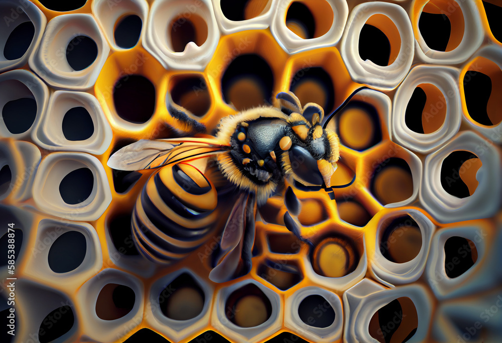 Aufkleber A complex, multi-layered pattern of interlocking shapes that resembles a Bee.  Generative AI technology.

