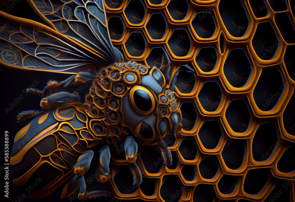 Aufkleber A complex, multi-layered pattern of interlocking shapes that resembles a Bee.  Generative AI technology.

