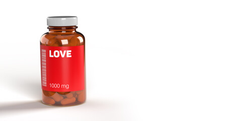 Red LOVE medicine pills in vial with barcode on white background, copy space, clipping path. Emotion based FAKE generated drug name concept. Healthcare 3D render illustration design.