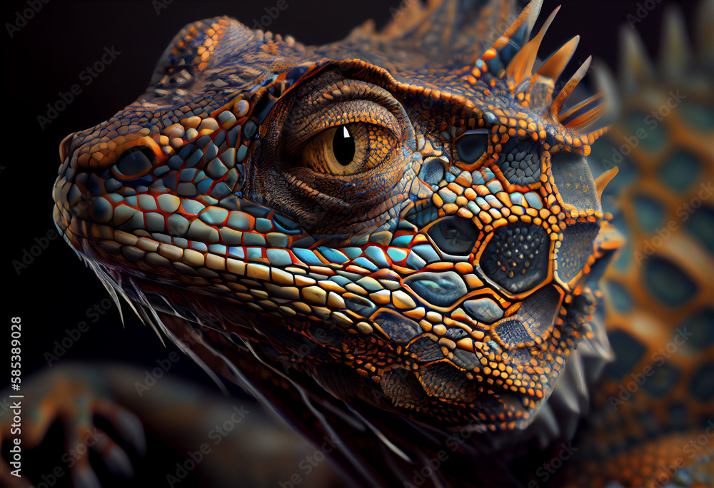 Poster A complex, multi-layered pattern of interlocking shapes that resembles a Lizard face.  Generative AI technology.
