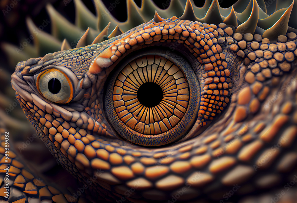 Poster A complex, multi-layered pattern of interlocking shapes that resembles a Lizard face.  Generative AI technology.
