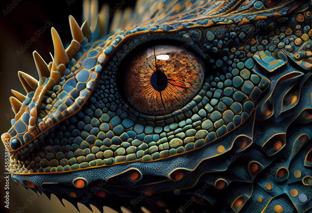Poster A complex, multi-layered pattern of interlocking shapes that resembles a Lizard face.  Generative AI technology.
