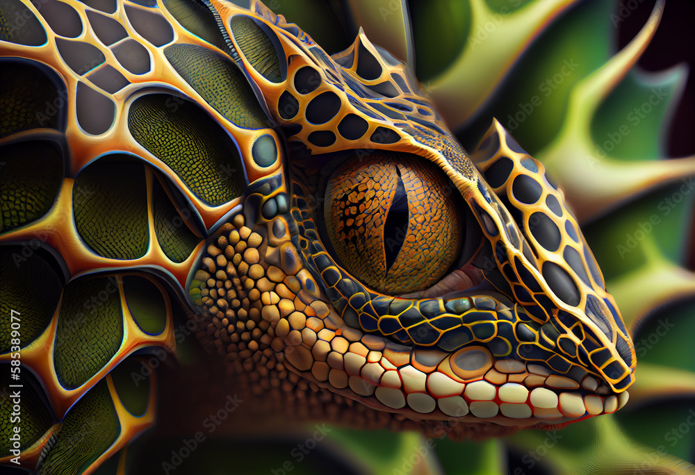 Poster A complex, multi-layered pattern of interlocking shapes that resembles a Lizard face.  Generative AI technology.
