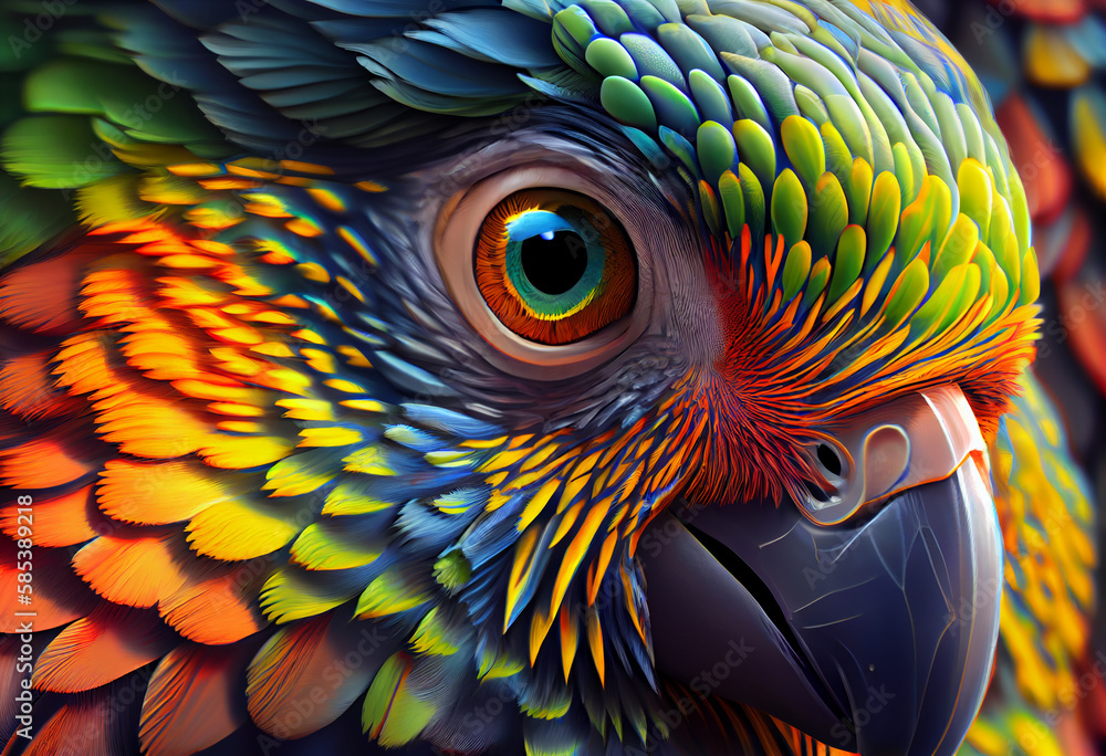 Aufkleber A complex, multi-layered pattern of interlocking shapes that resembles a Parrot face.  Generative AI technology.
