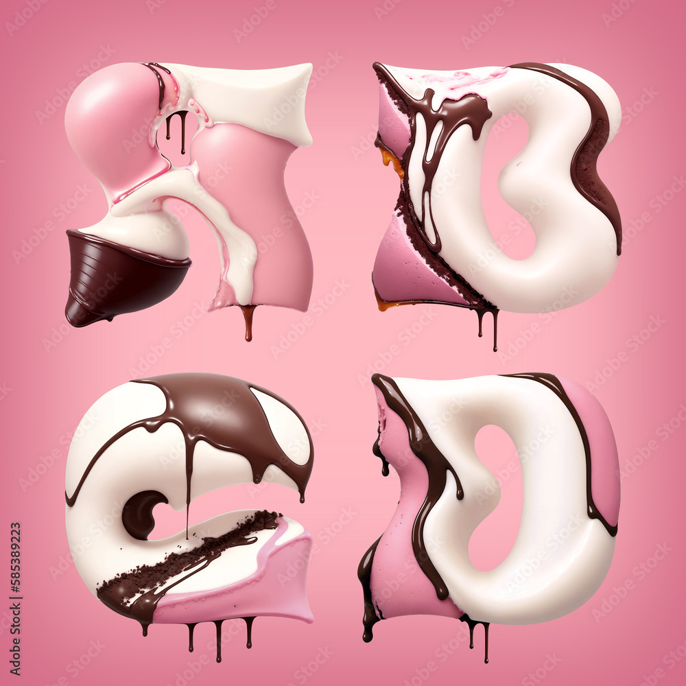 Poster font set made of melting brown chocolate and pink ice cream. font set made with generative ai techno