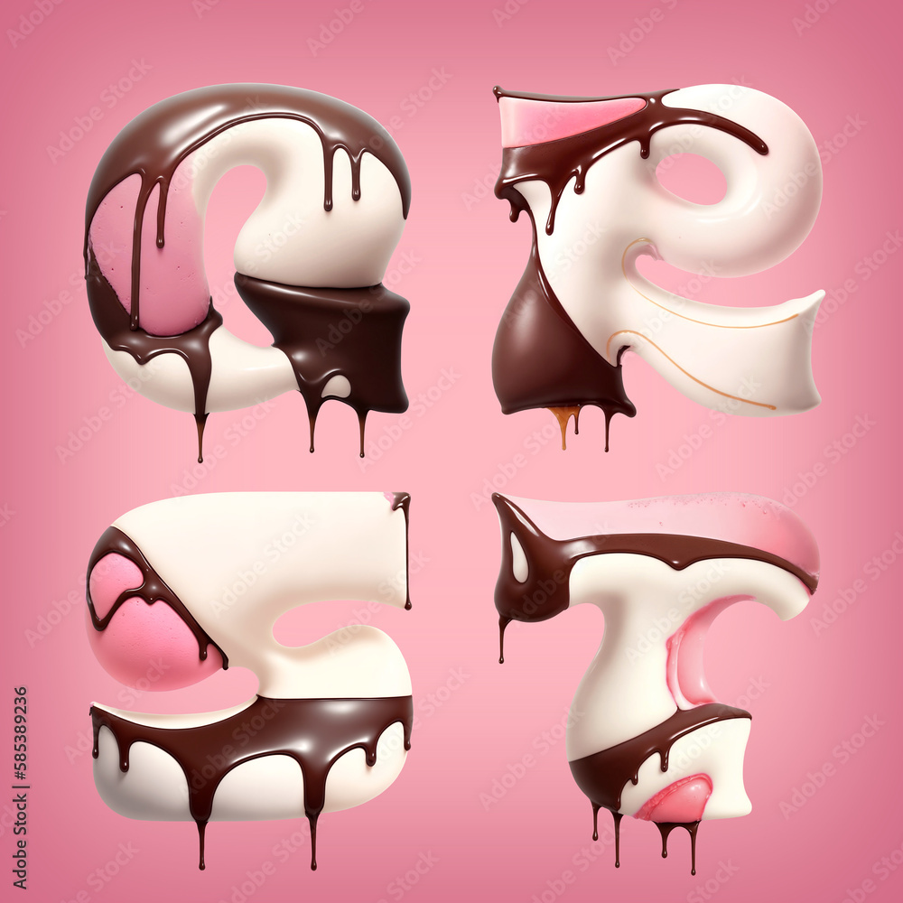 Poster font set made of melting brown chocolate and pink ice cream. font set made with generative ai techno