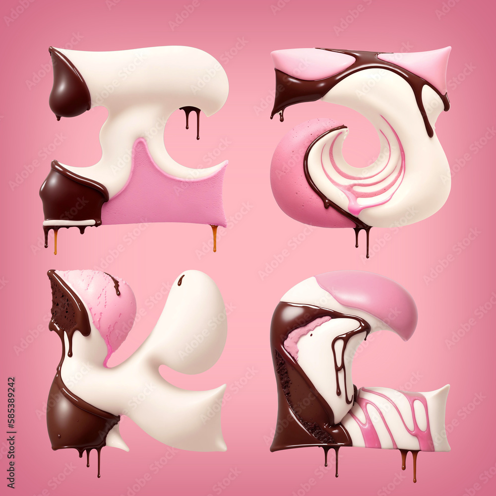 Poster font set made of melting brown chocolate and pink ice cream. font set made with generative ai techno
