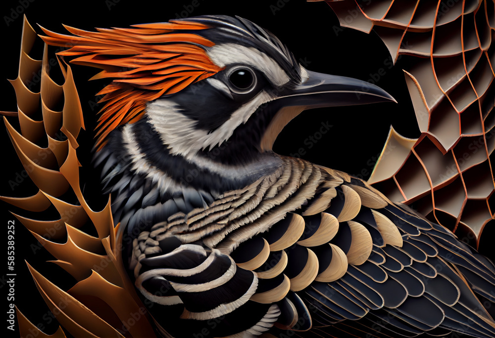 Poster a complex, multi-layered pattern of interlocking shapes that resembles a woodpecker face. generative
