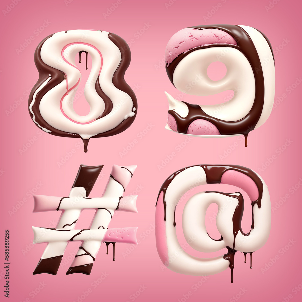 Poster font set made of melting brown chocolate and pink ice cream. font set made with generative ai techno