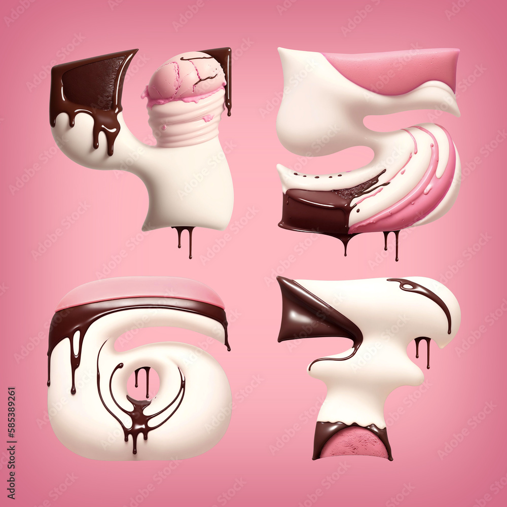 Poster font set made of melting brown chocolate and pink ice cream. font set made with generative ai techno