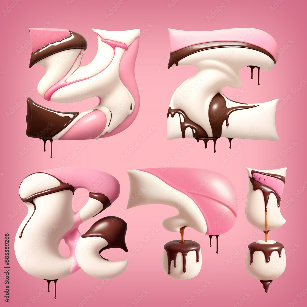 Poster font set made of melting brown chocolate and pink ice cream. font set made with generative ai techno
