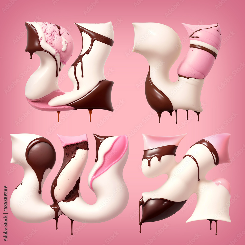 Poster font set made of melting brown chocolate and pink ice cream. font set made with generative ai techno