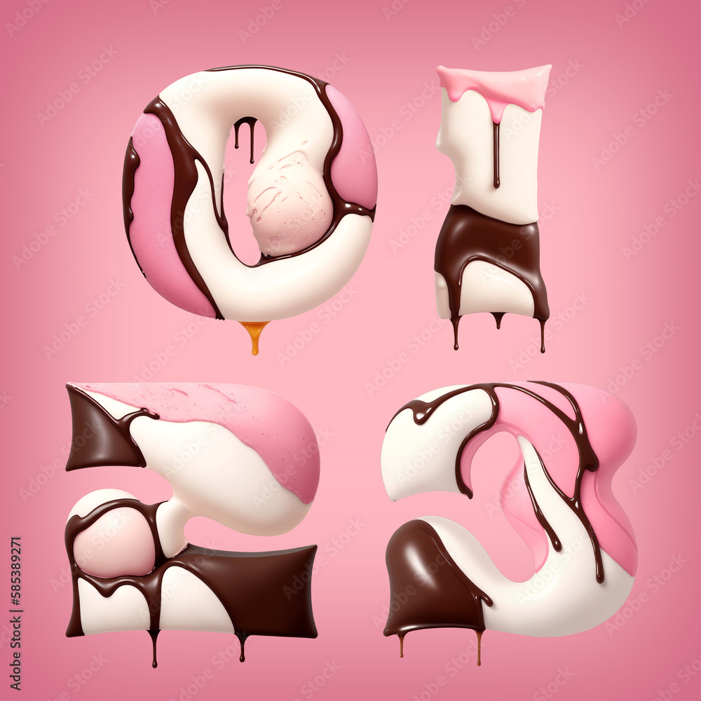 Poster font set made of melting brown chocolate and pink ice cream. font set made with generative ai techno