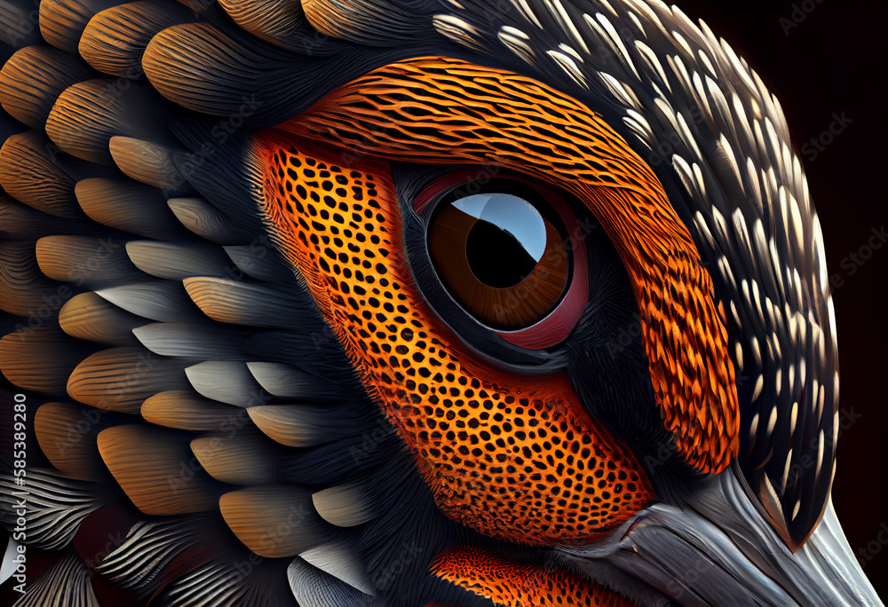 Poster a complex, multi-layered pattern of interlocking shapes that resembles a woodpecker face. generative