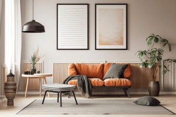 Scandinavian interior design poster mockup of orange living room with sofa furniture on beige backdrop with wooden wall stripes, wood empty frames, and black table. Generative AI