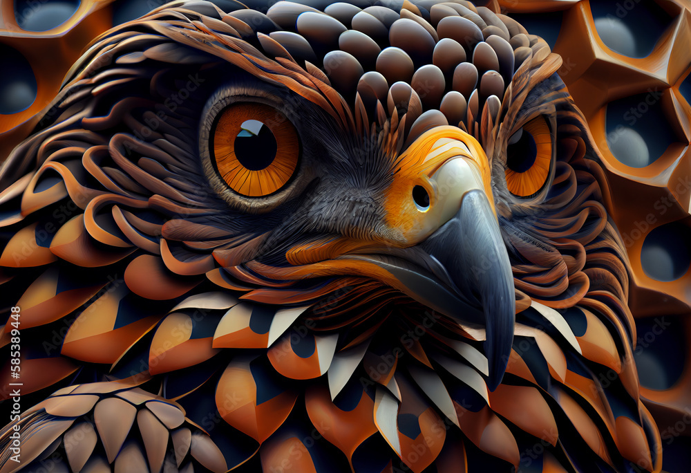 Poster A complex, multi-layered pattern of interlocking shapes that resembles a Falcon  face.  Generative AI technology.
