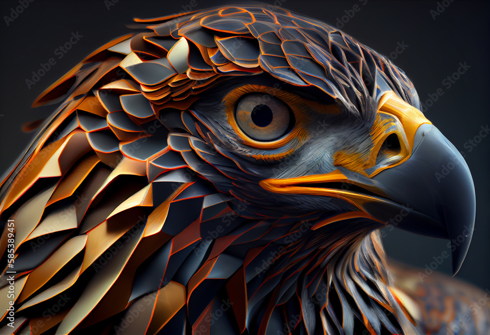 Aufkleber A complex, multi-layered pattern of interlocking shapes that resembles a Falcon  face.  Generative AI technology.

