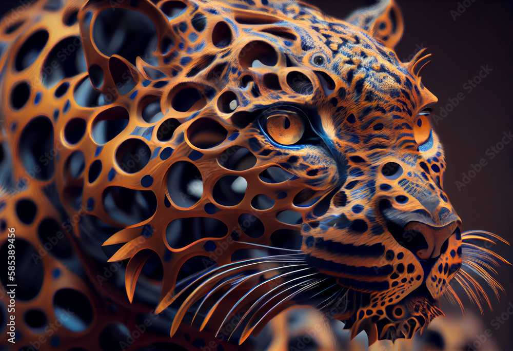 Fototapete A complex, multi-layered pattern of interlocking shapes that resembles a Leopard  face.  Generative AI technology.
