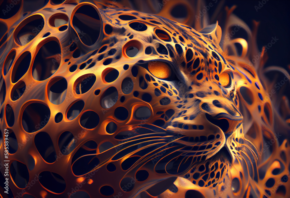 Aufkleber A complex, multi-layered pattern of interlocking shapes that resembles a Leopard  face.  Generative AI technology.
