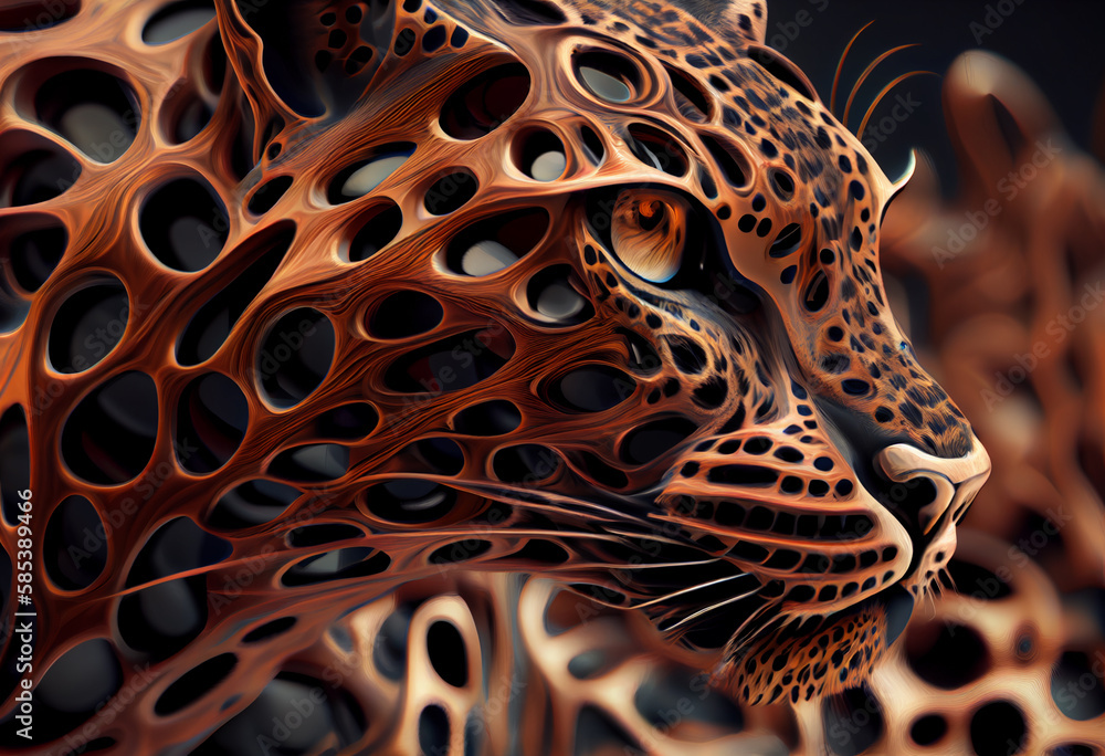 Poster A complex, multi-layered pattern of interlocking shapes that resembles a Leopard  face.  Generative AI technology.
